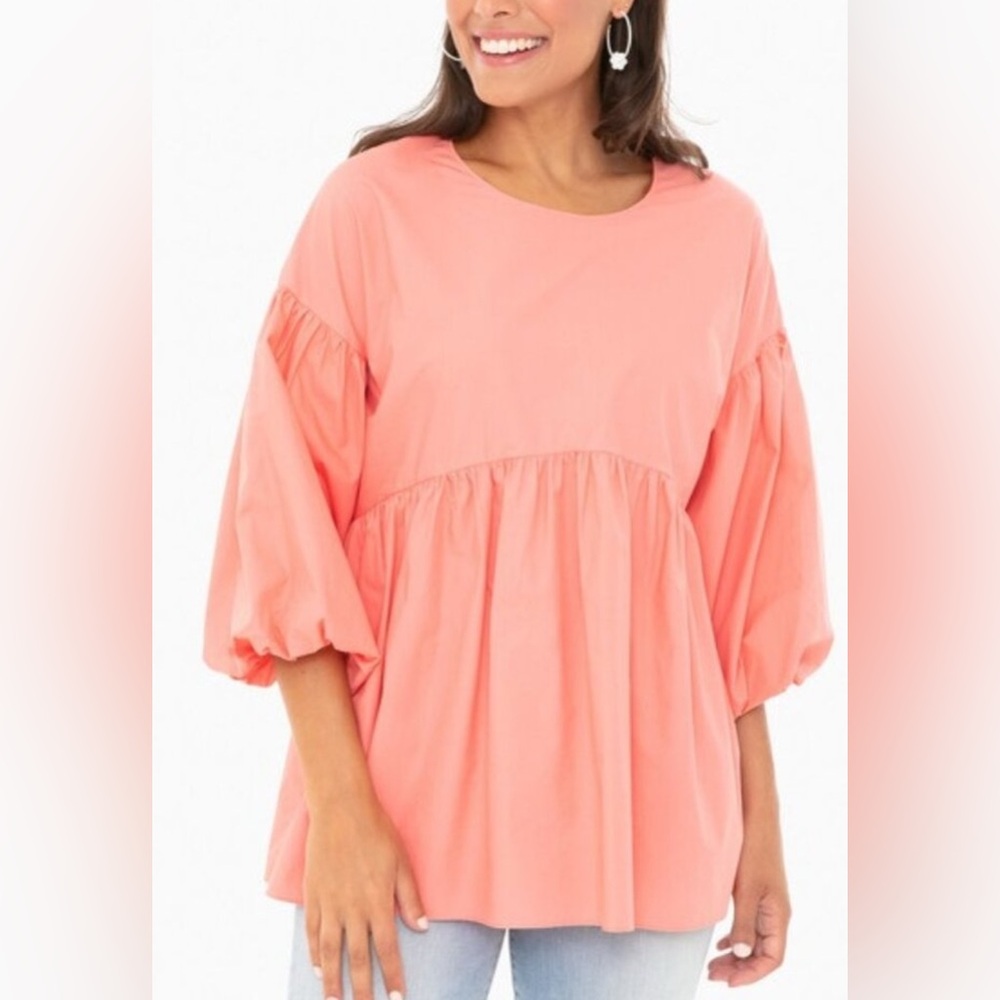 Tuckernuck Pomander Place Coral Babydoll Blouse Puff Sleeve Peplum Top XS Preppy